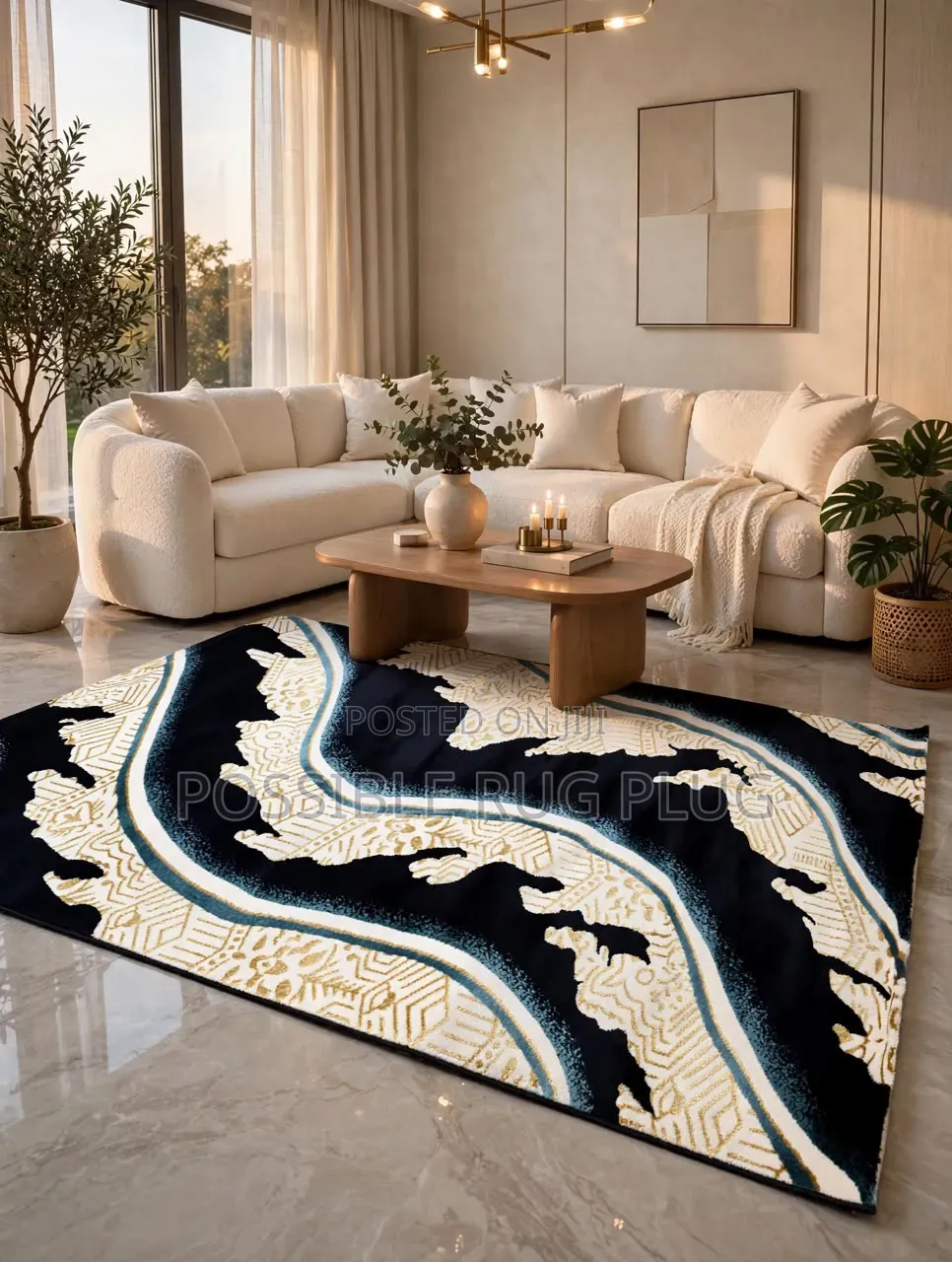 Navy Blue/Gold Design Turkish Rug.