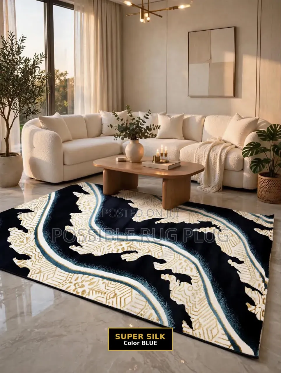 Navy Blue/Gold Design Turkish Rug.