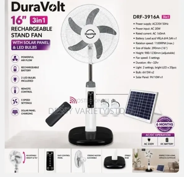 Duravolt 16 Inches 3in1 Rechargeable Fan +Solar Panel+Led Bulbs