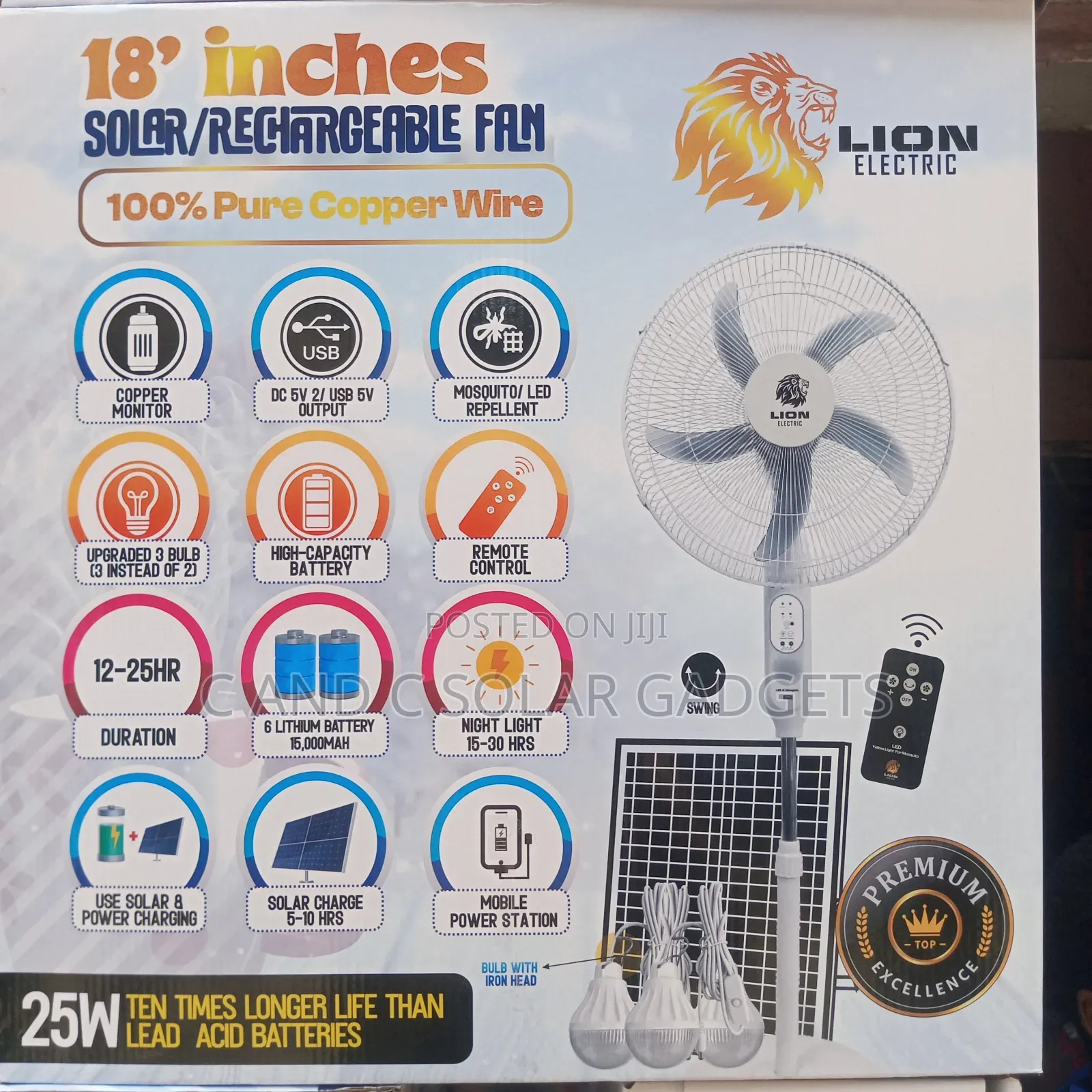 18 Inches Solar Rechargeable Fan