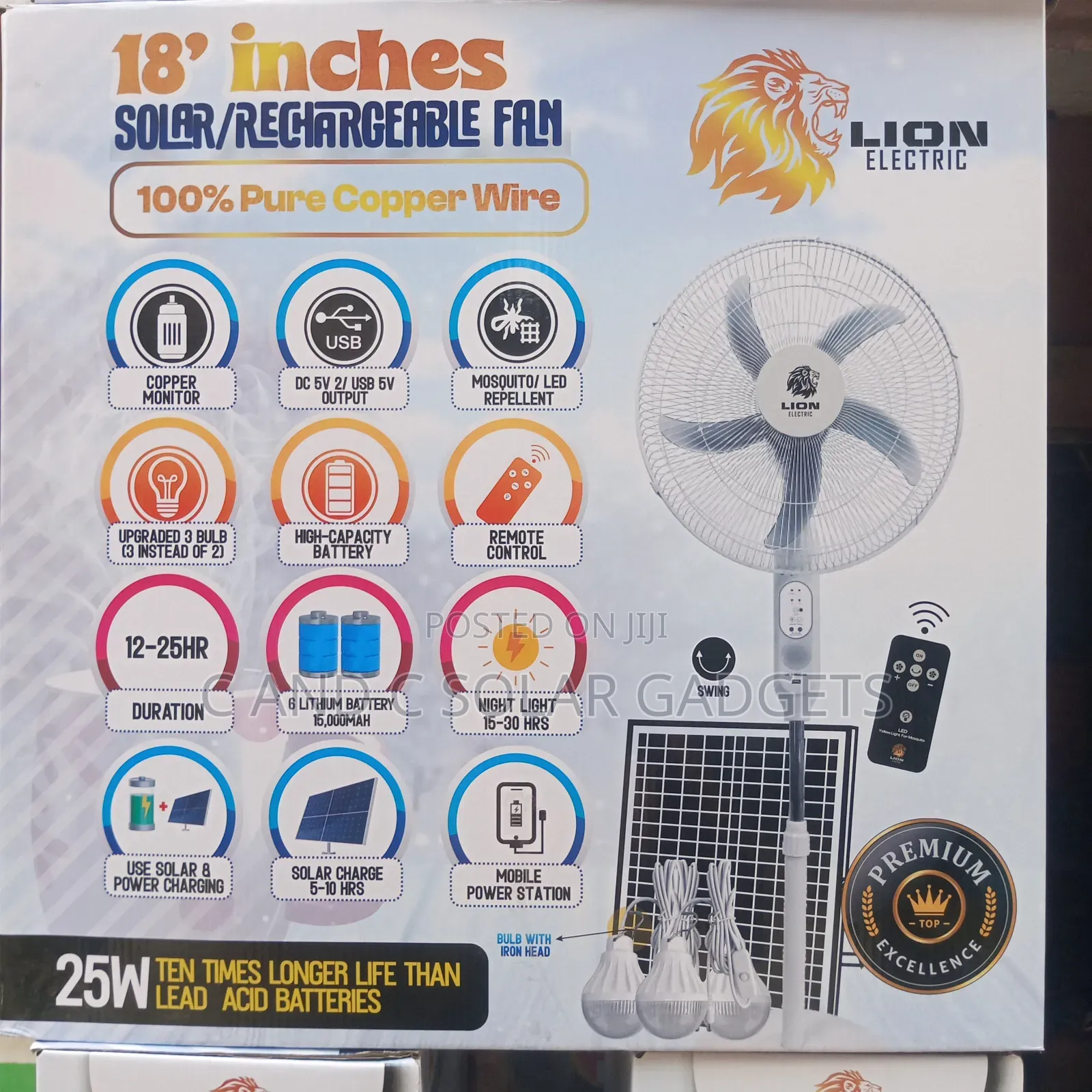 18 Inches Solar Rechargeable Fan