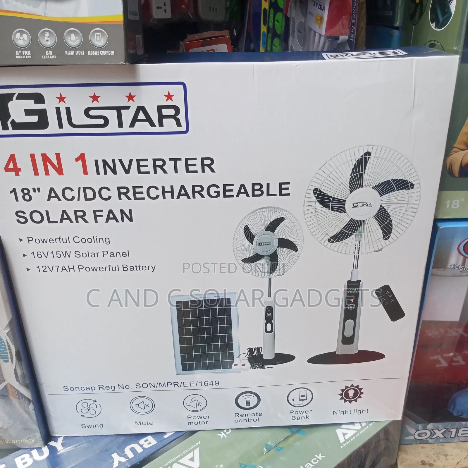 Gilstar 4 in 1 Inverter 18inch Rechargeable Solar Fan