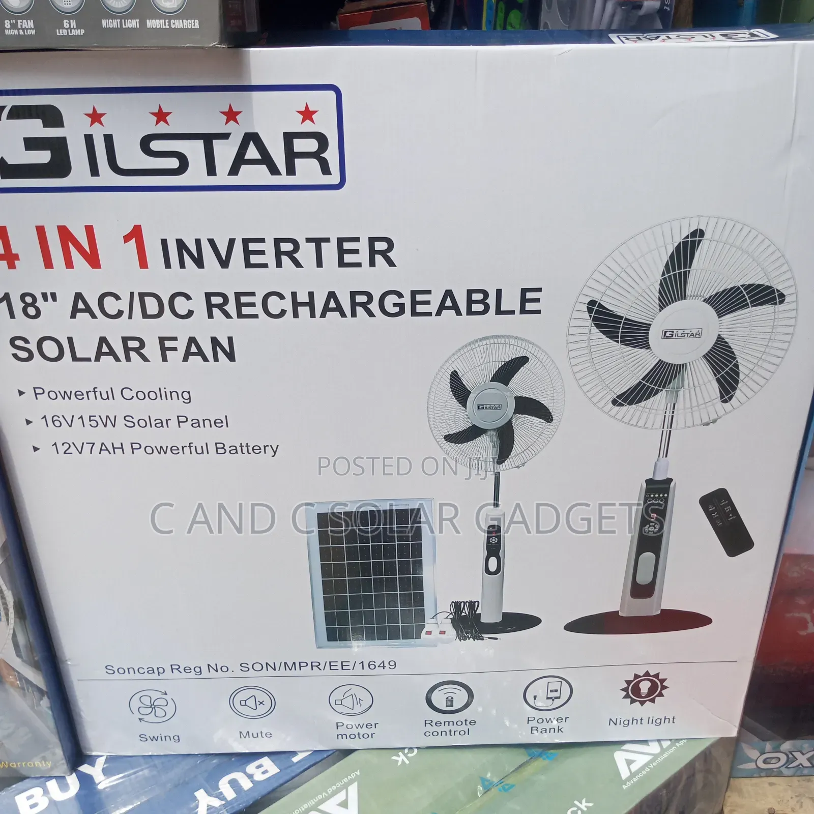 Gilstar 4 in 1 Inverter 18inch Rechargeable Solar Fan