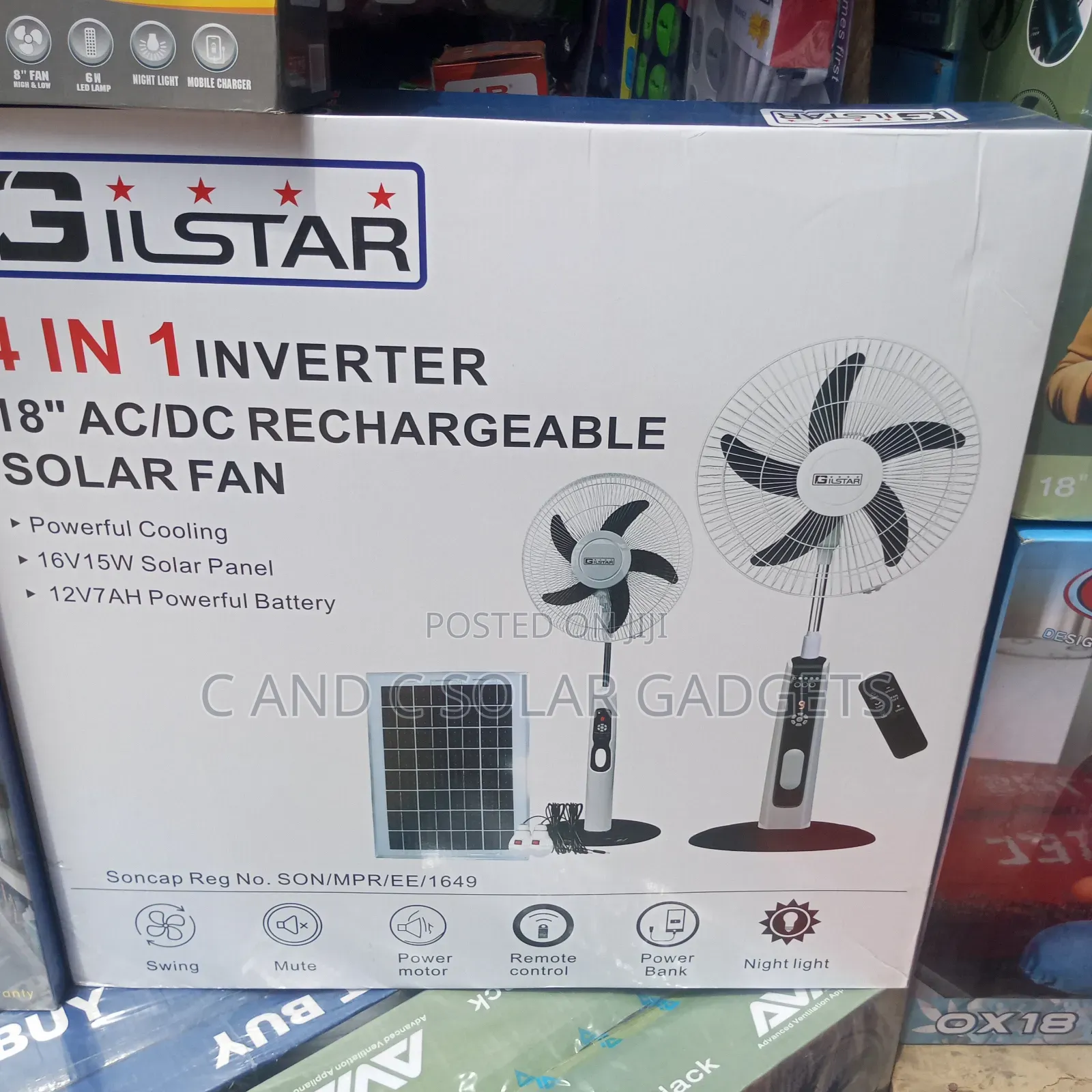 Gilstar 4 in 1 Inverter 18inch Rechargeable Solar Fan
