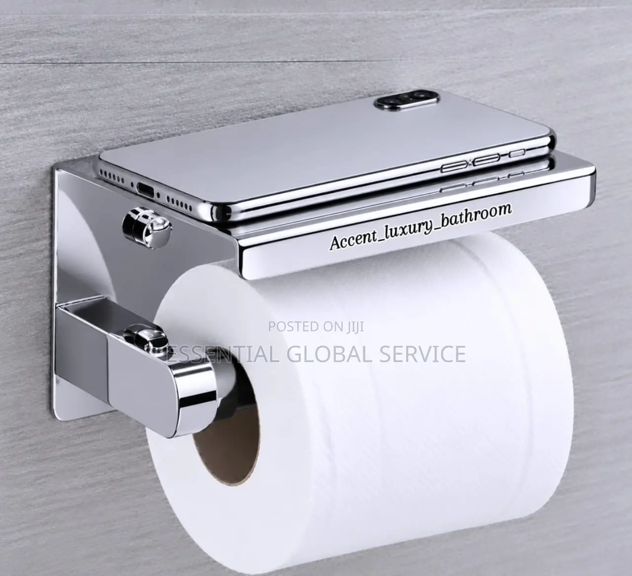 Wall-Mounted Toilet Paper Holder With a Storage Shelf.