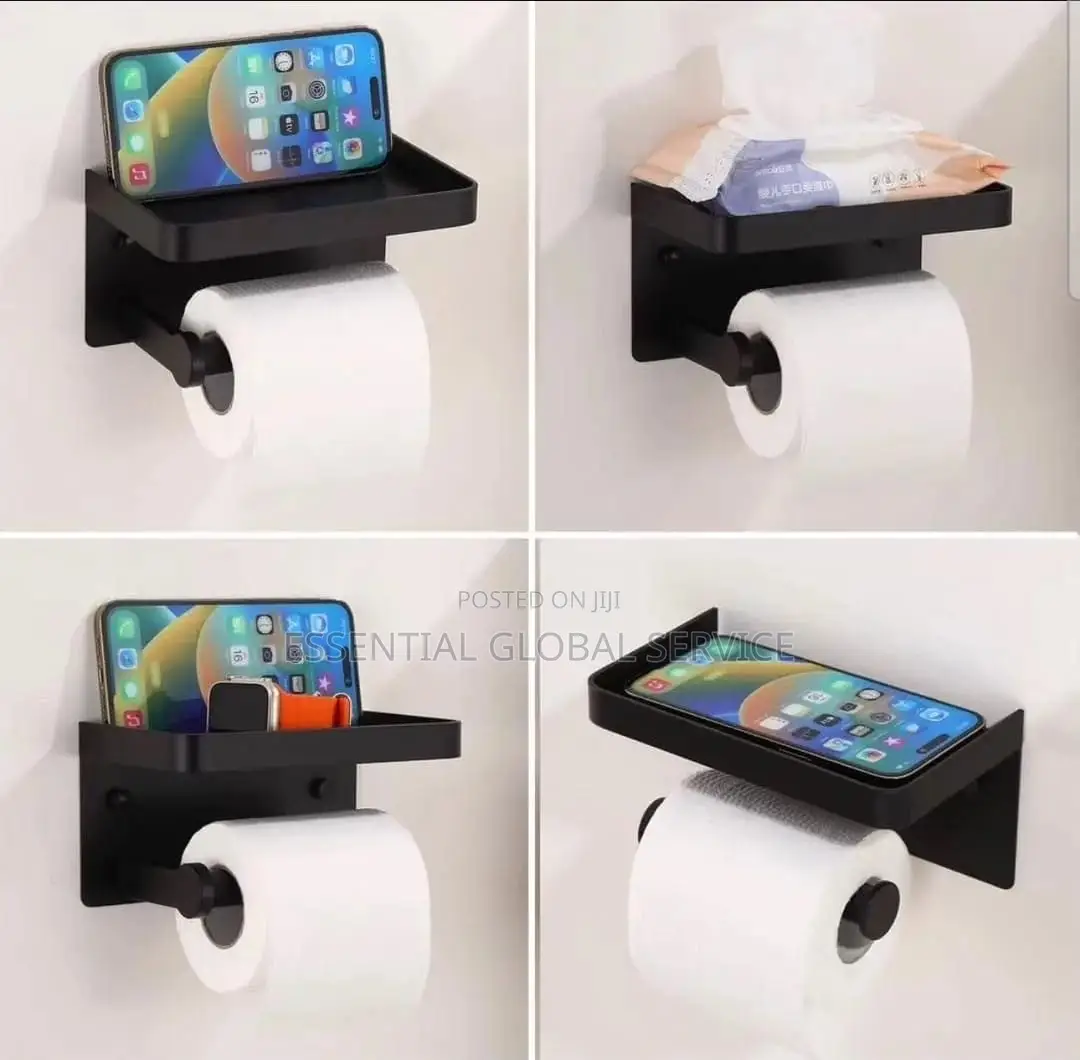 Wall-Mounted Toilet Paper Holder With a Storage Shelf.