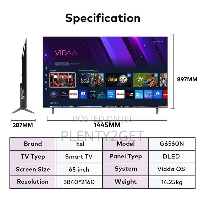 Itel 65-Inch 4K QLED Smart TV, VIDAA OS, Dual-Band Wi-Fi, 24W Speakers
