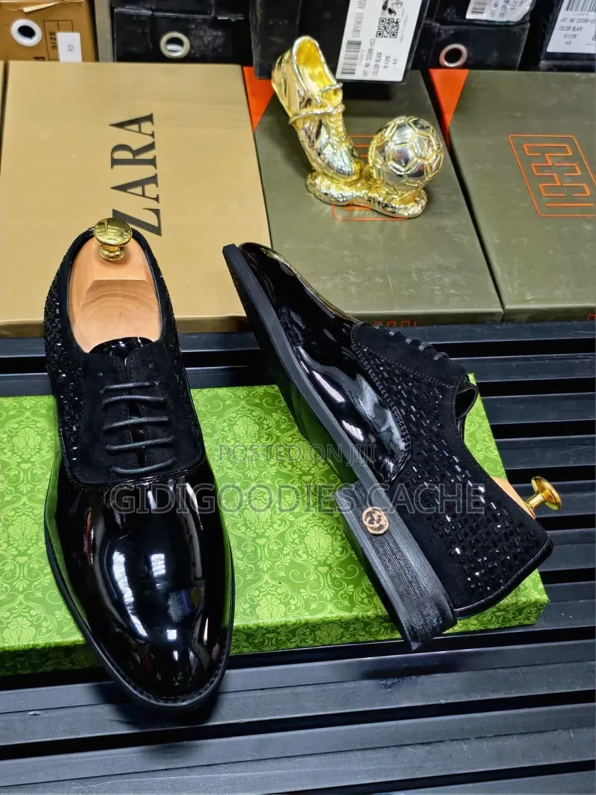 Men's Black Patent & Suede Lace-Up Dress Shoe With Stones Size 40-48