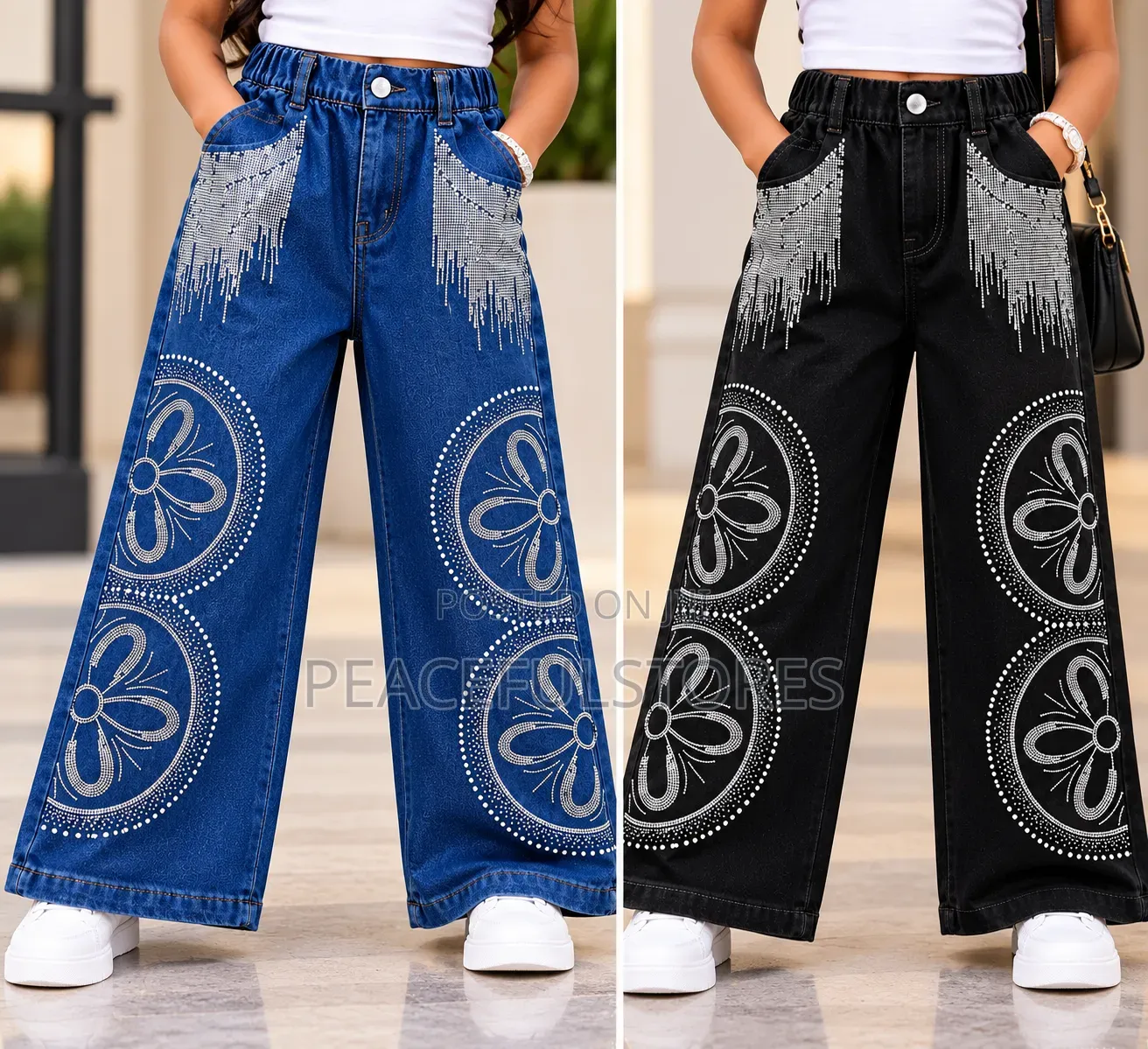 Girls Wide Leg Rhinestone Jeans