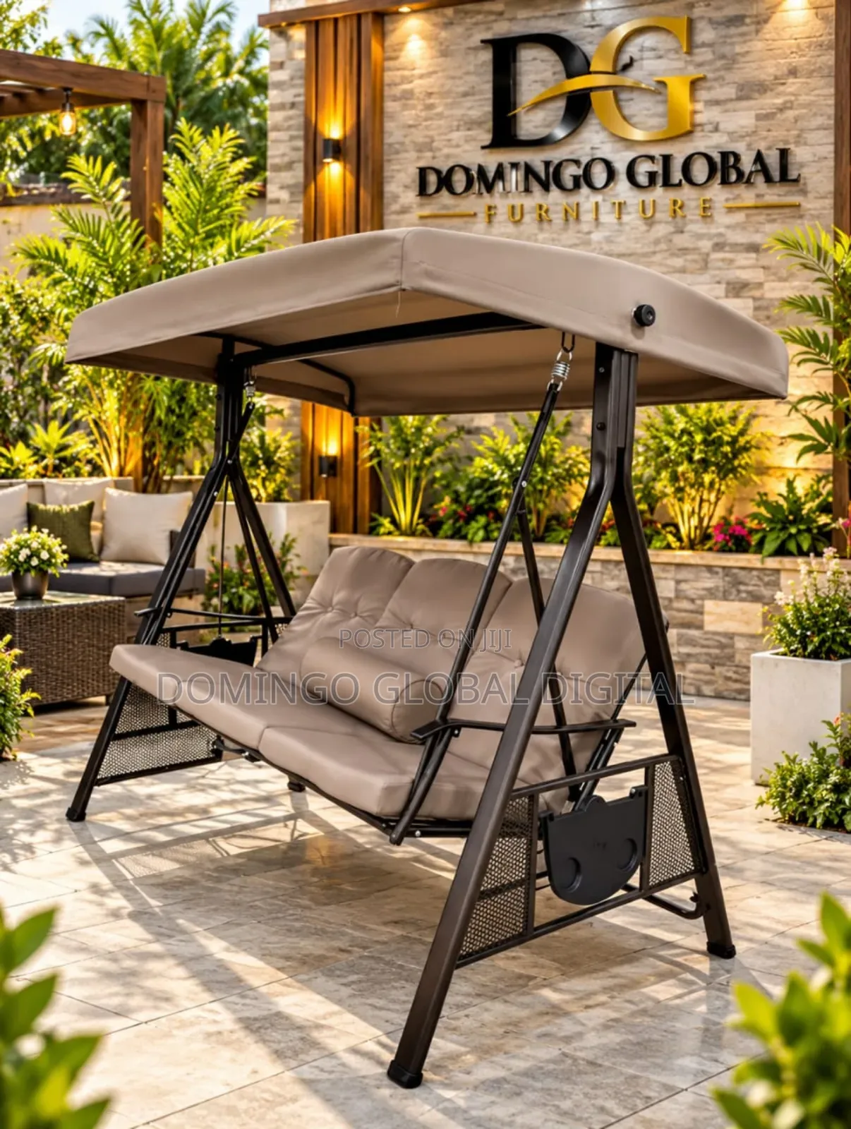 3-Seater Outdoor Garden Swing Chair With a Canopy and Beige Cushions.