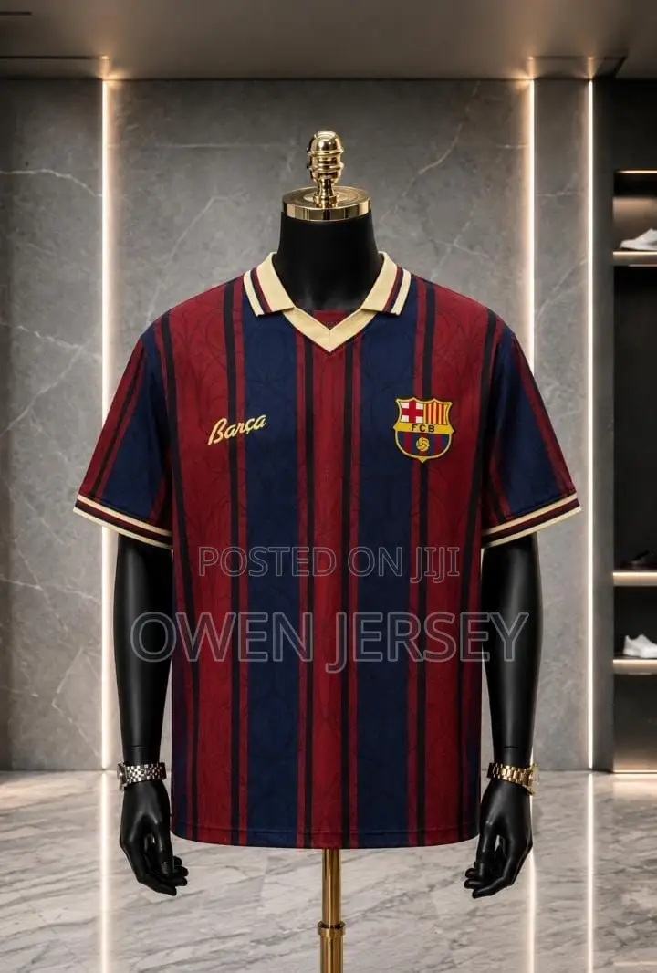 FC Barcelona Jersey – Maroon & Navy Striped With Gold Trim