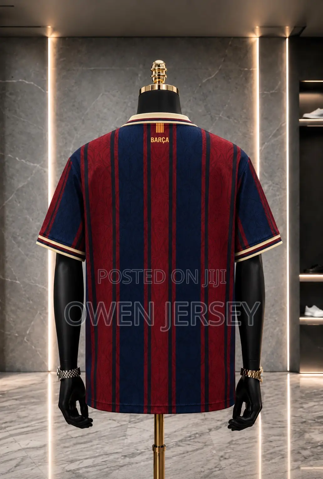 FC Barcelona Jersey – Maroon & Navy Striped With Gold Trim