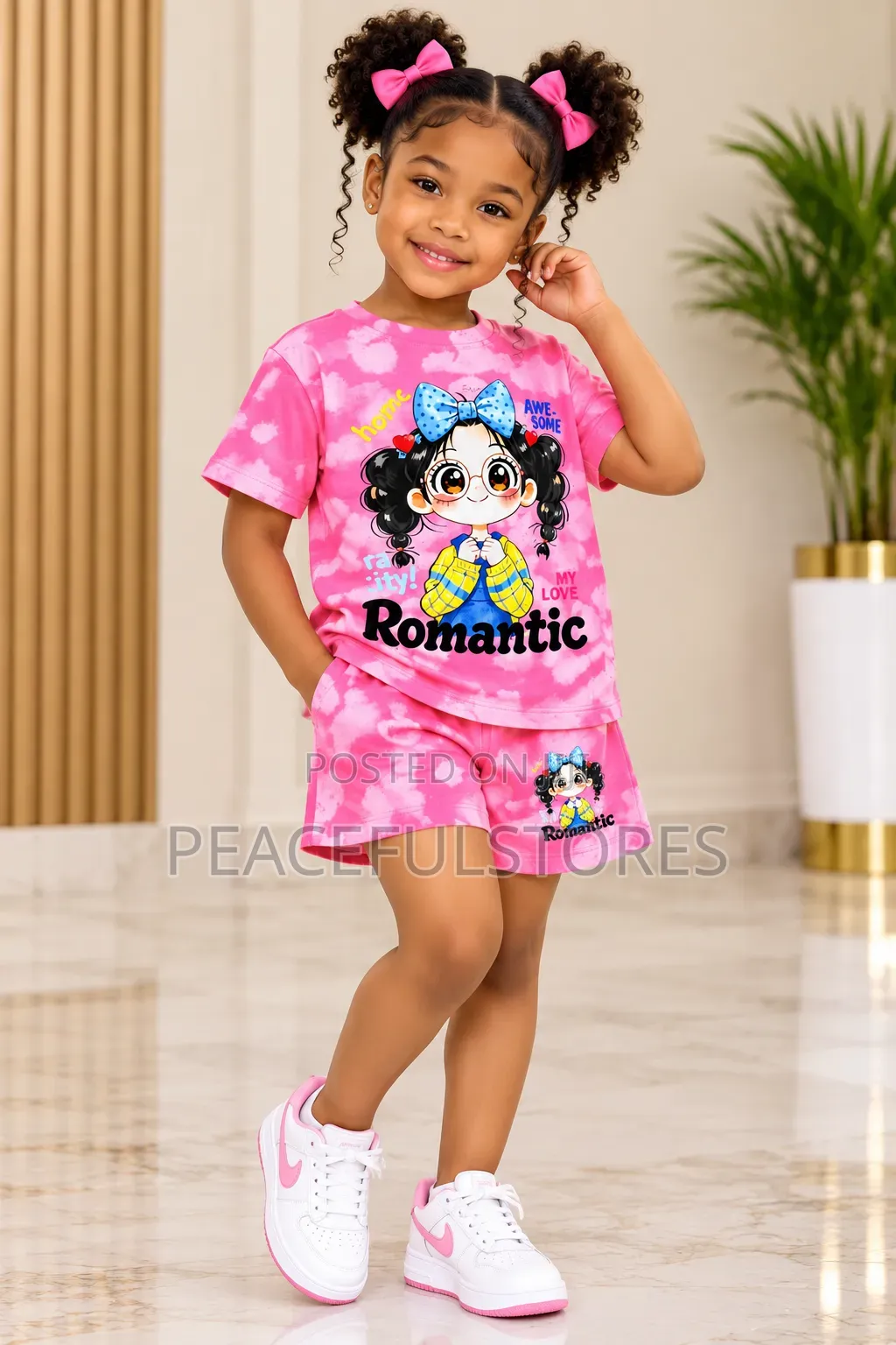 Girls Pink Cartoon Graphic T-Shirt and Shorts Set