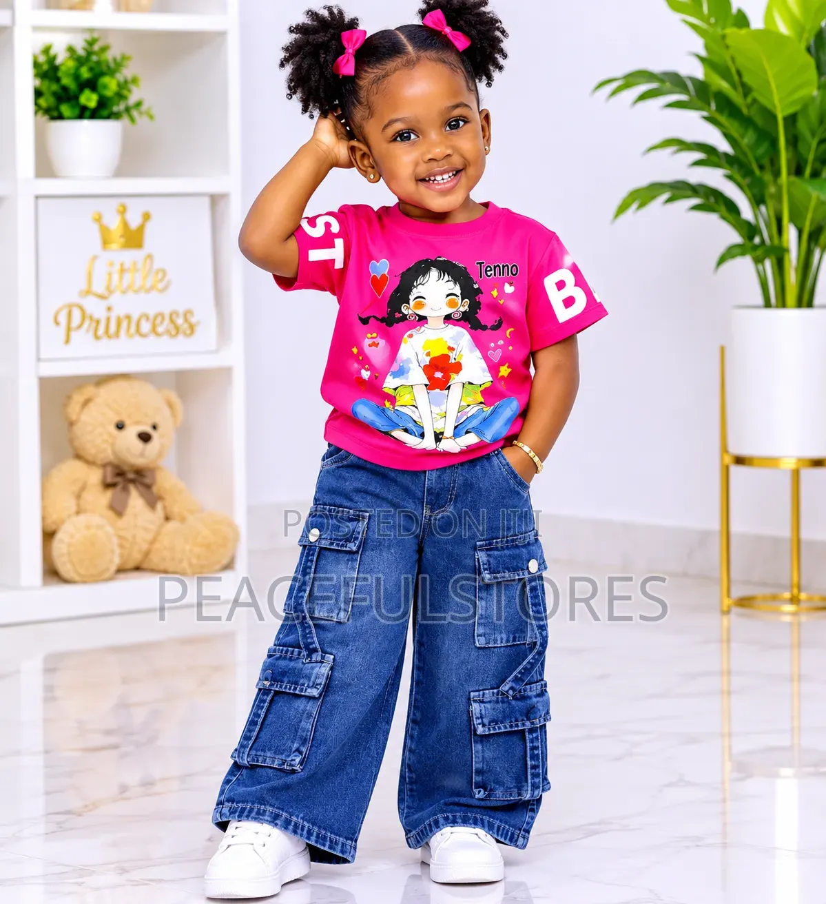 Girls Pink Cartoon T-Shirt and Denim Cargo Jeans