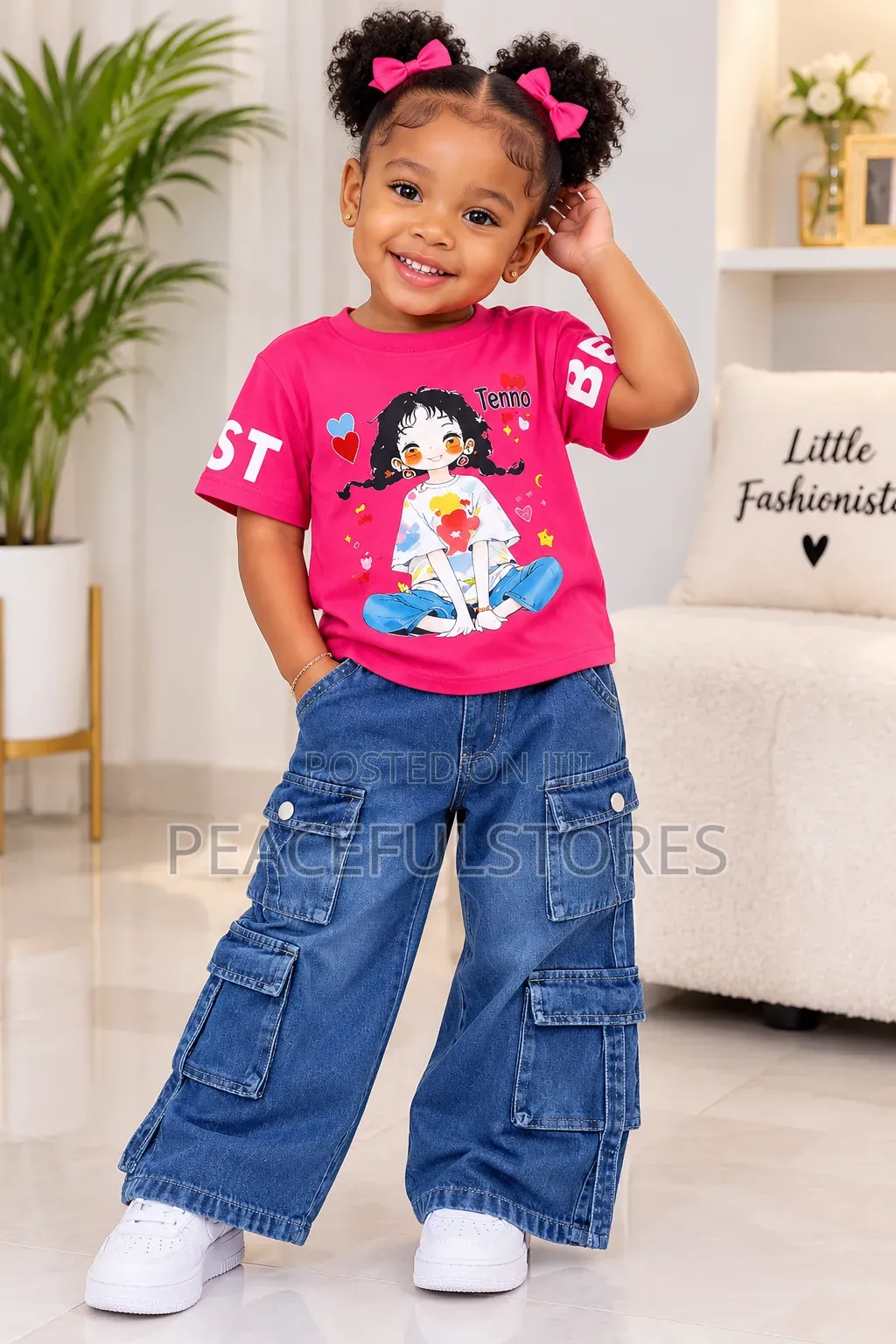 Girls Pink Cartoon T-Shirt and Denim Cargo Jeans