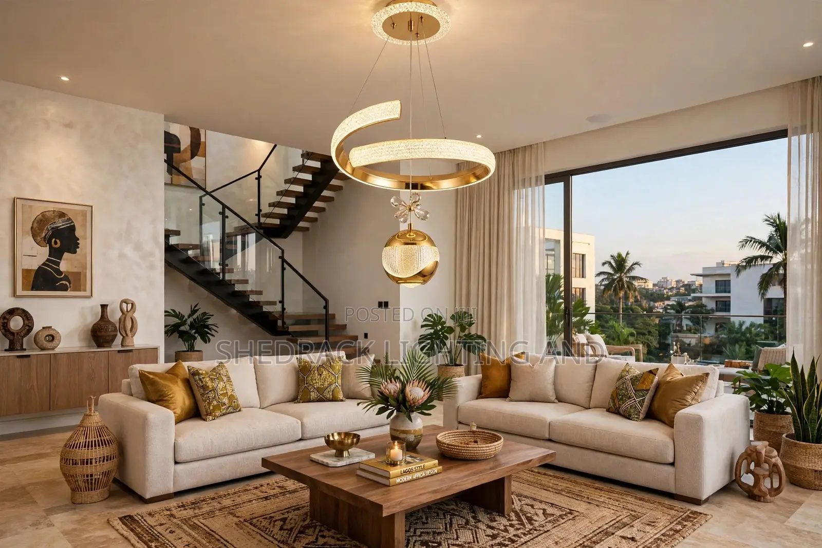 Luxury C-Shape Chandelier With Gold Globe - Brand New in Box!