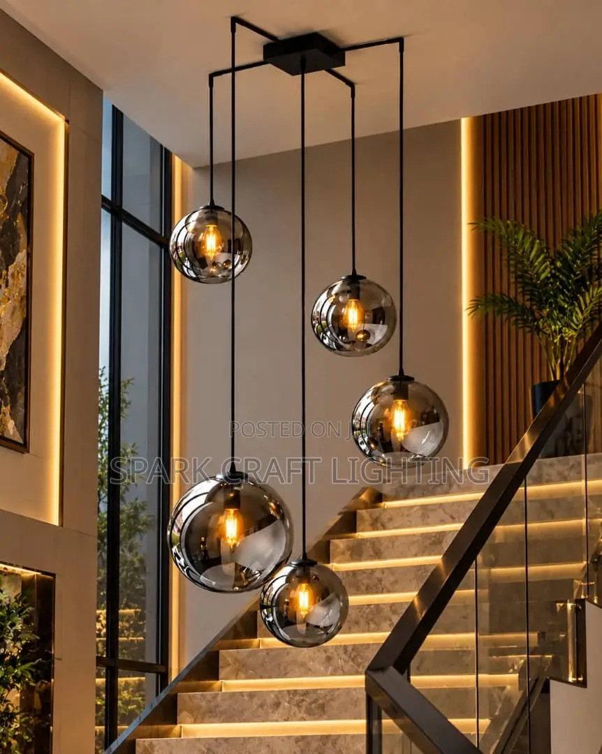 Luxury Stairs Chandelier 5-Ball Smoked Glass Pendant Chandelier