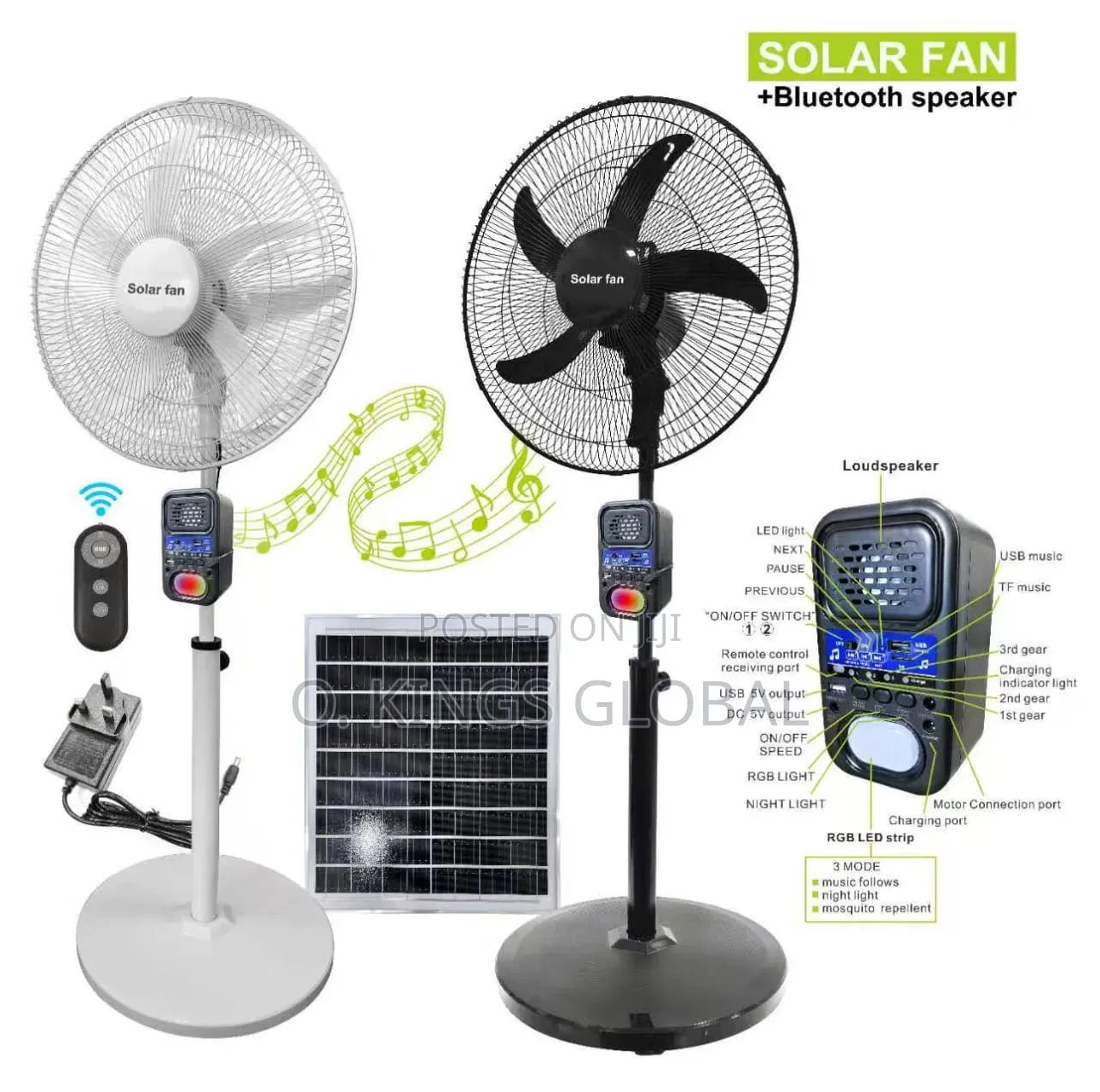 18" Solar Fan With Bluetooth Music  Player 15,000mah Battery