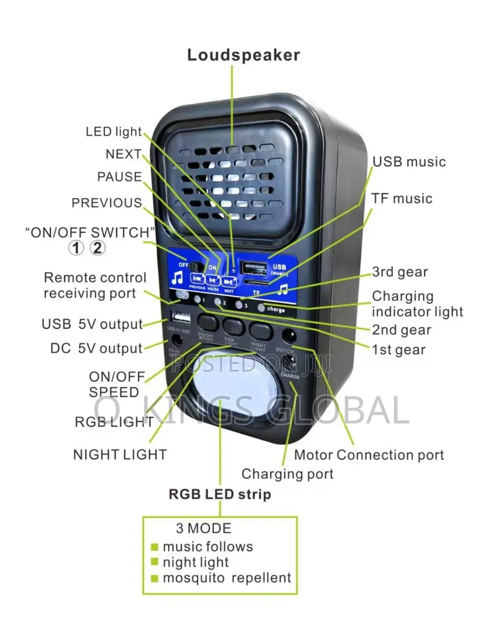 18" Solar Fan With Bluetooth Music  Player 15,000mah Battery