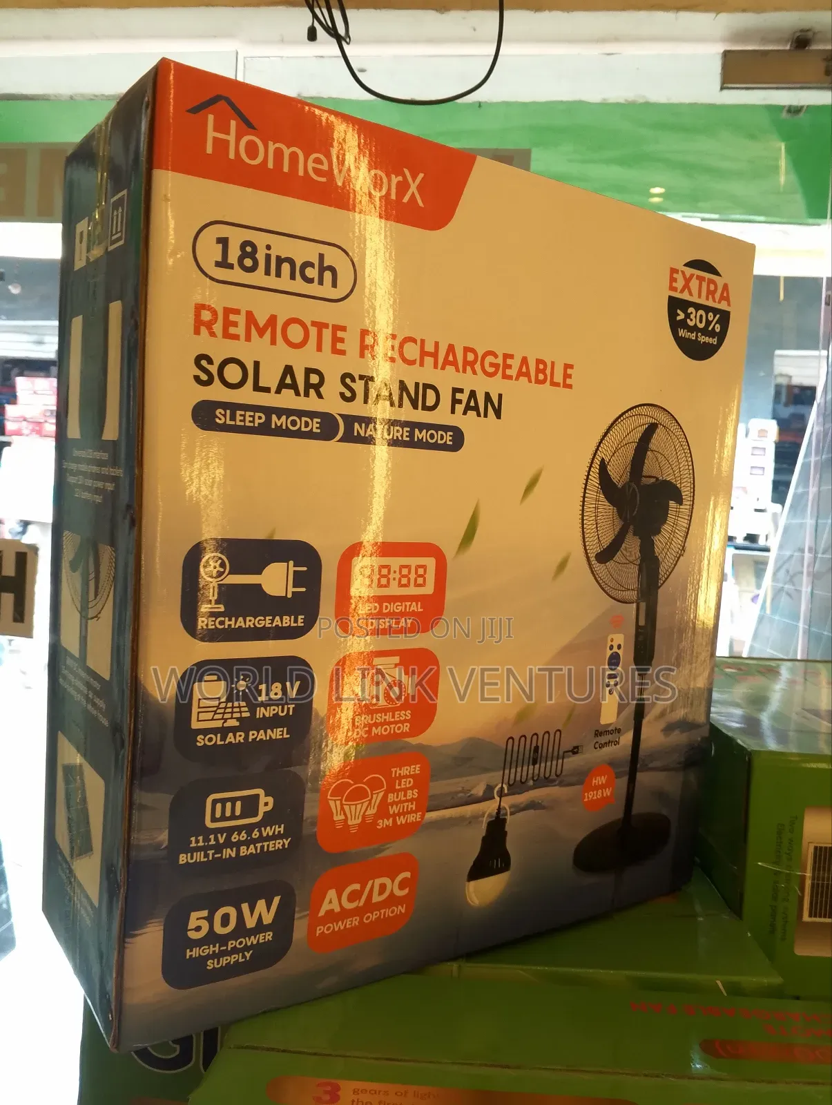 Homeworx18 Inches Rechargeable Standing Fan With Panel & Remote Contro