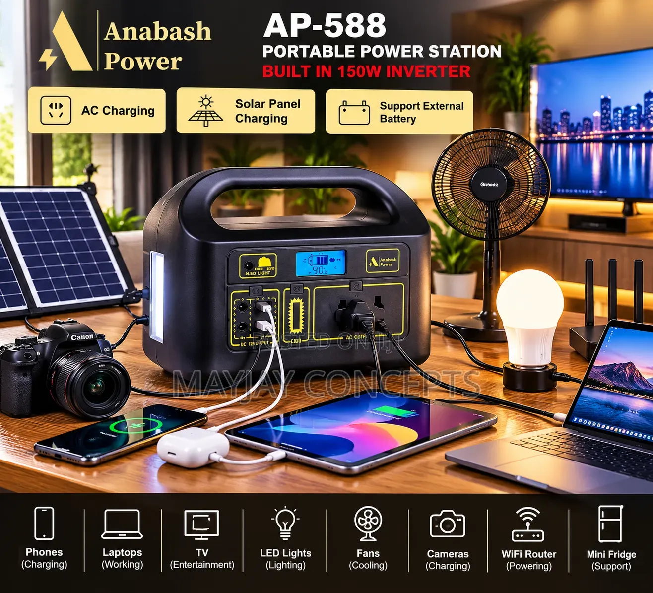 ANABASH 150W Solar Generator+Solar Panel for TV,Laptop,Fan