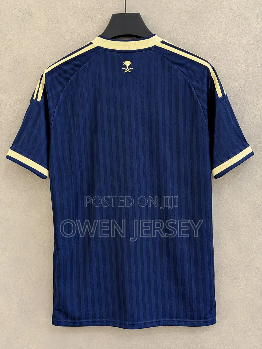 Navy Blue & Cream Striped Football Jersey–Saudi Arabia Inspired Design