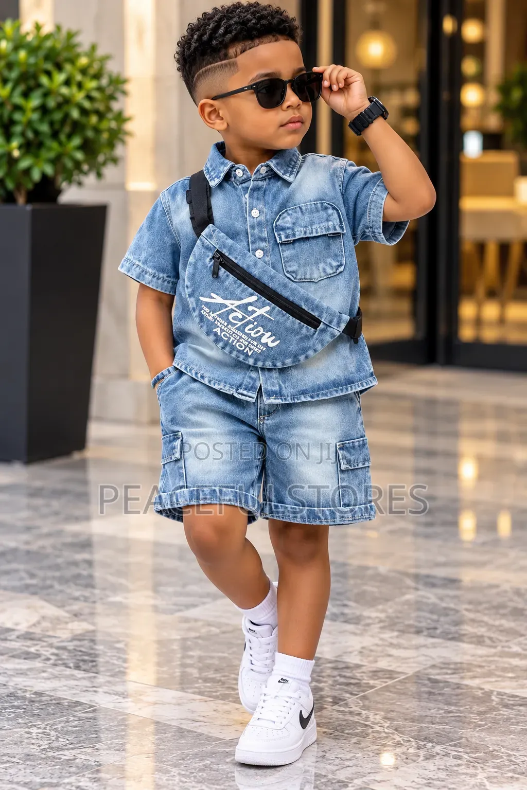 Boys Blue Denim Shirt and Cargo Shorts Set With Crossbody Bag