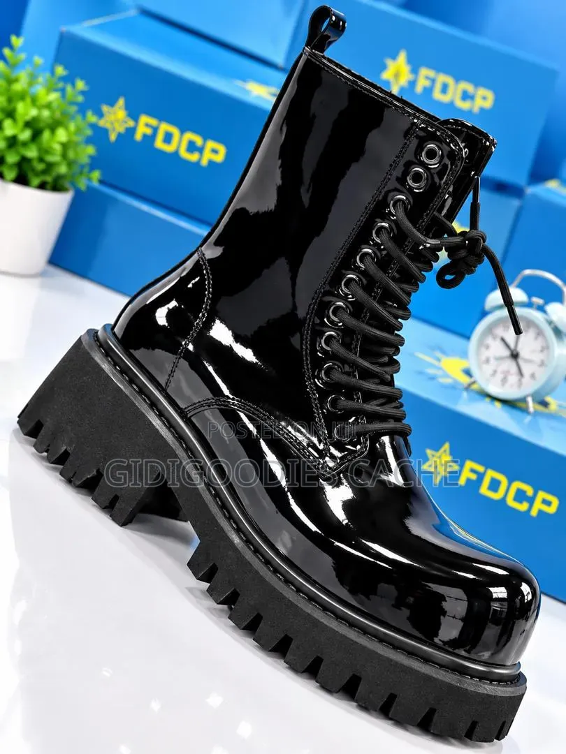 Black Patent Leather Chunky Combat Boots Size 41-46