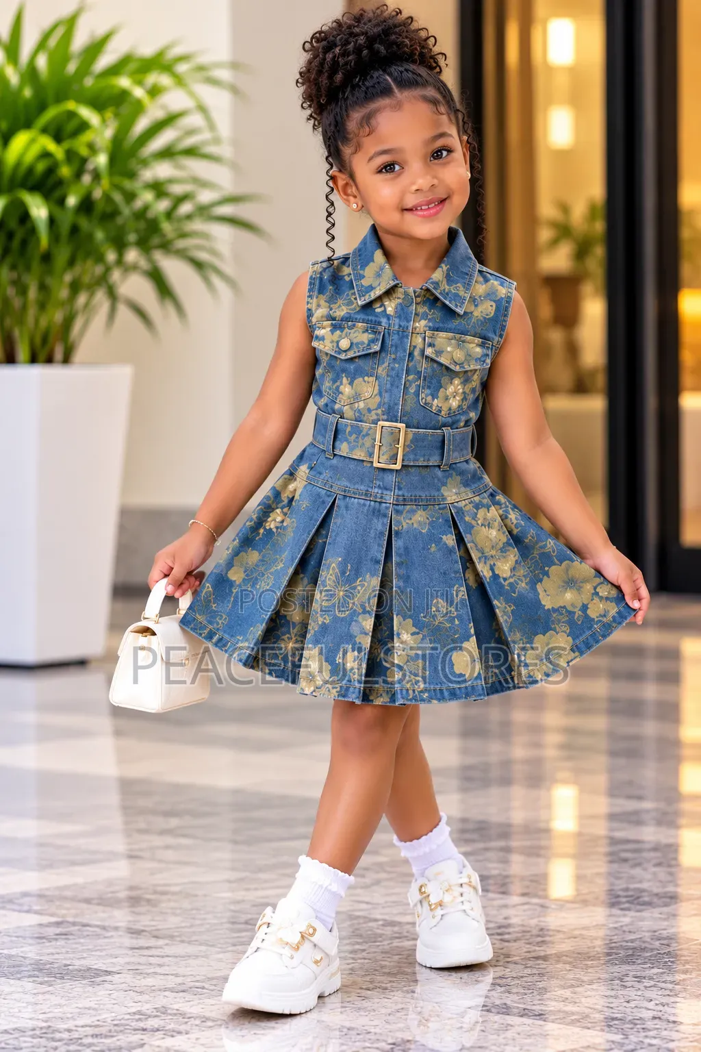 Girls Luxury Floral Denim Dress With Belt