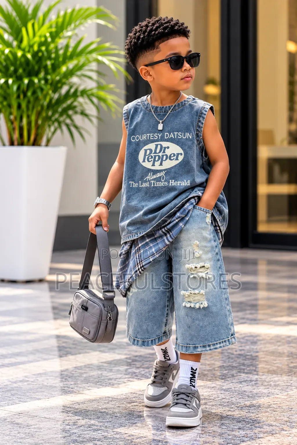 Boys Luxury Denim 2 Piece Set With Distressed and Checked Scarf