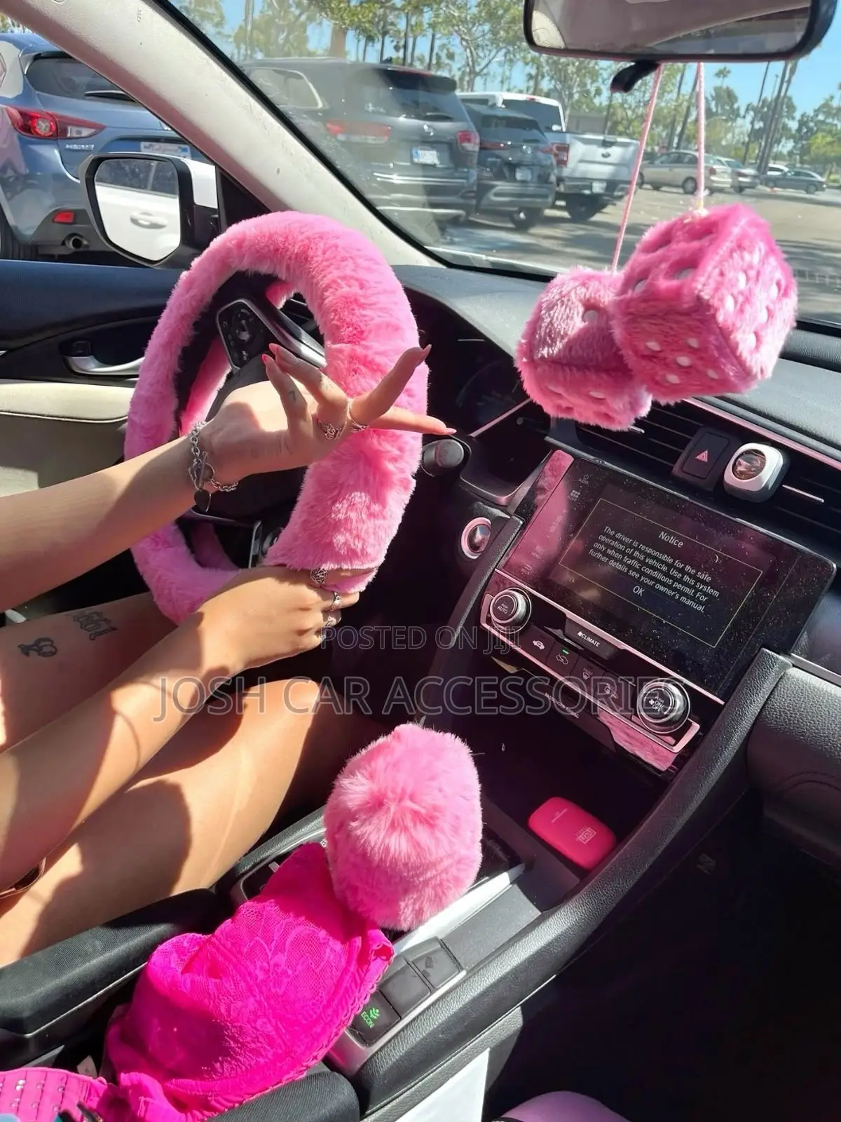 6pcs Faux Fur Pink Fluffy Car Interior Accessories Set