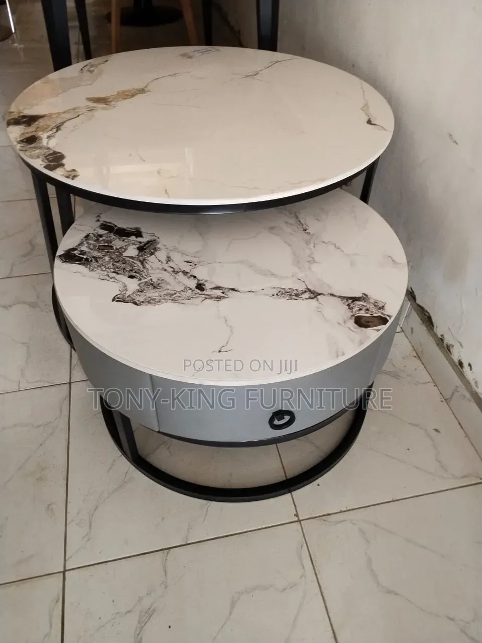 Modern 2-in-1 Nesting Center Table With a White-and-Grey Marble Top