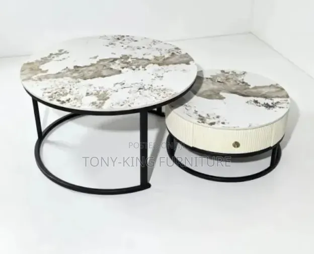 Modern 2-in-1 Nesting Center Table With a White-and-Grey Marble Top
