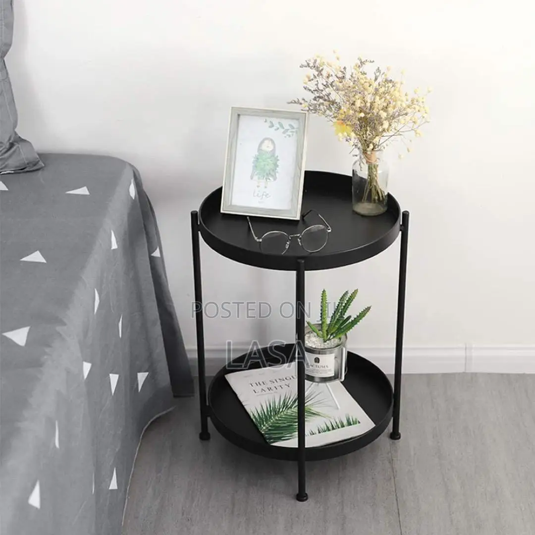 2 Tier Metal Round Tray Side Coffee Sofa End Black Table