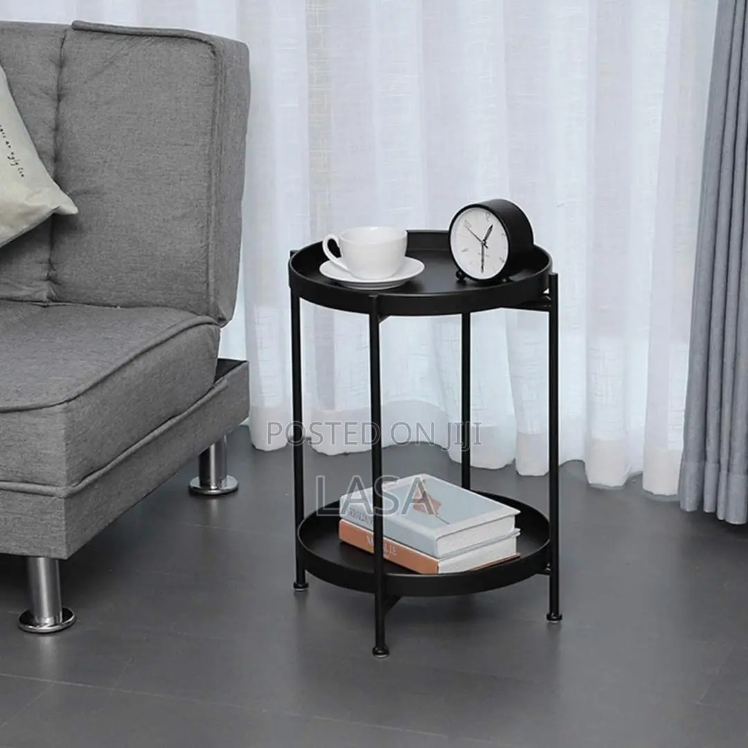 2 Tier Metal Round Tray Side Coffee Sofa End Black Table