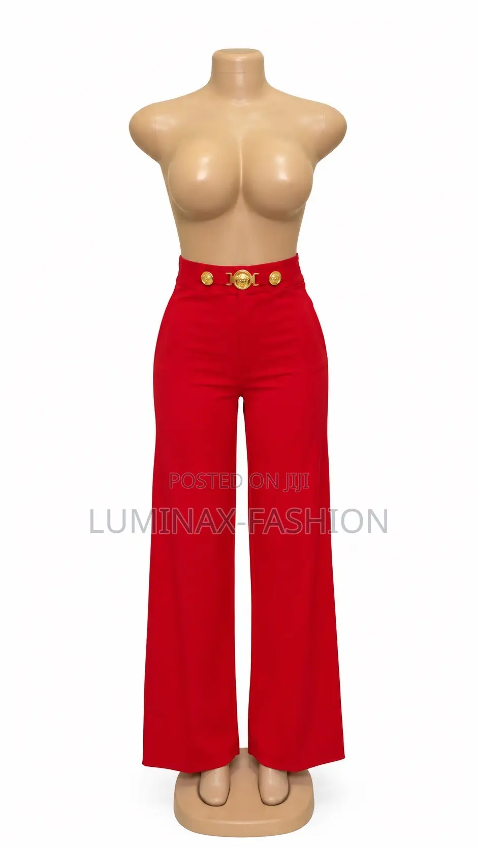 High-Waisted Red Wide-Leg Pants With Gold Statement Belt