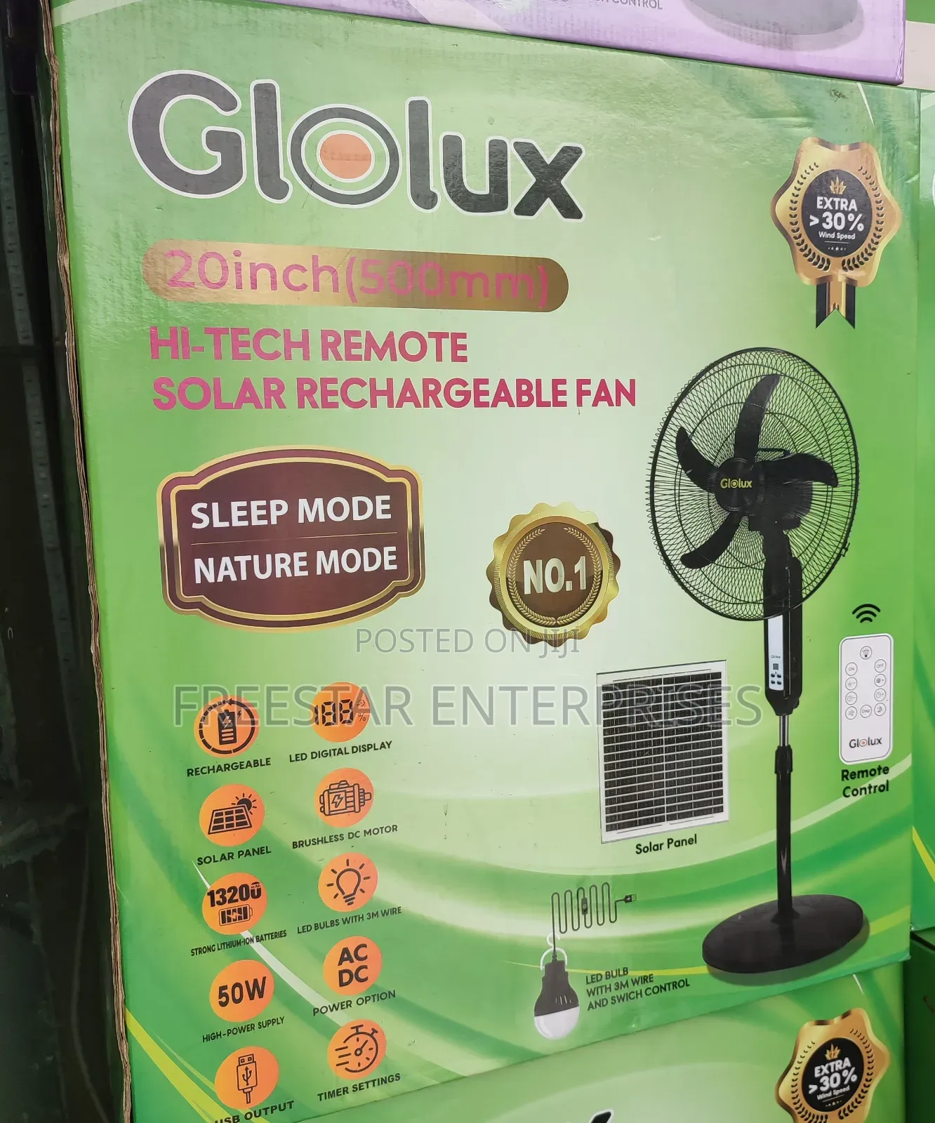 Glolux Solar Rechargeable Fan. 20 Inches Solar Standing Fan.