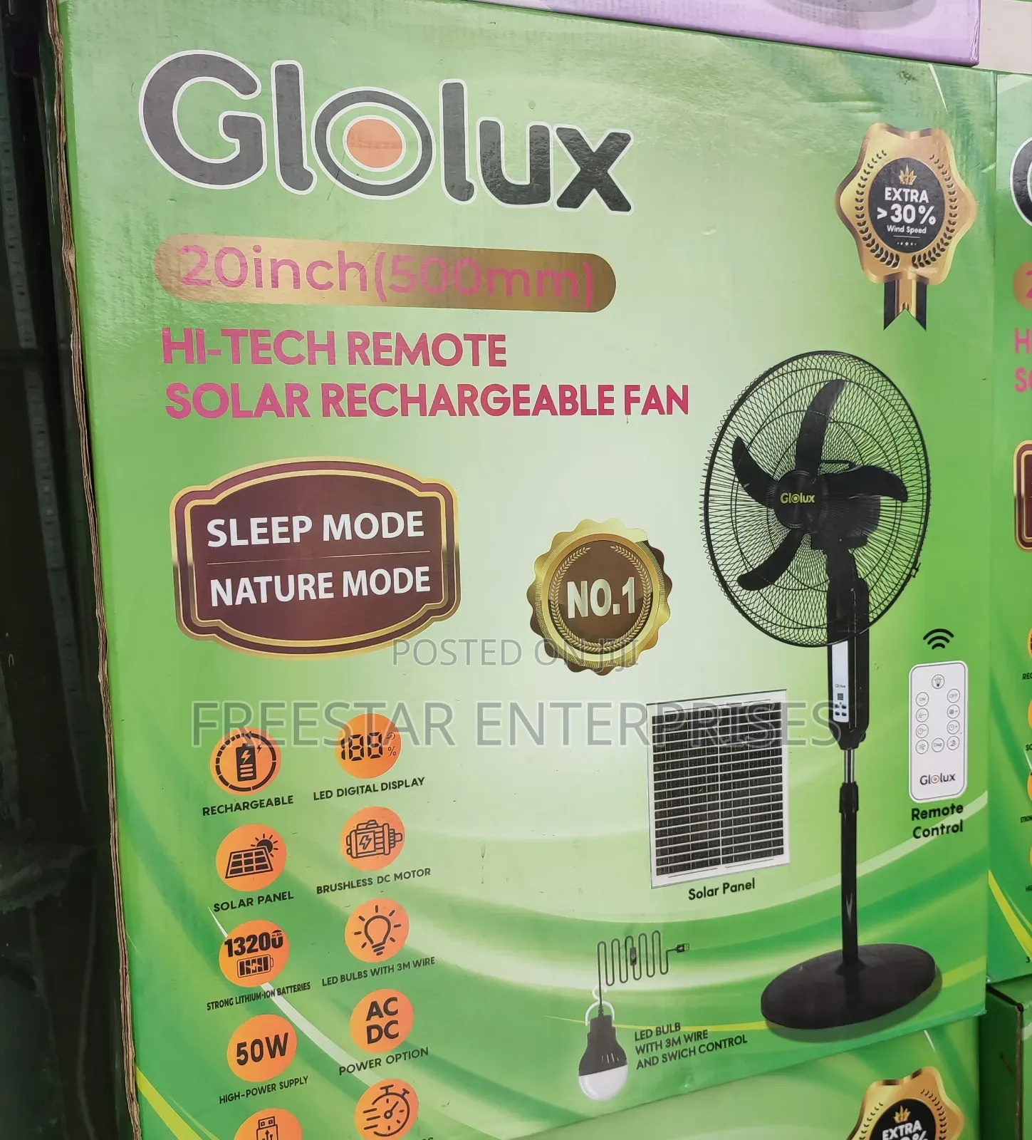 Glolux Solar Rechargeable Fan. 20 Inches Solar Standing Fan.