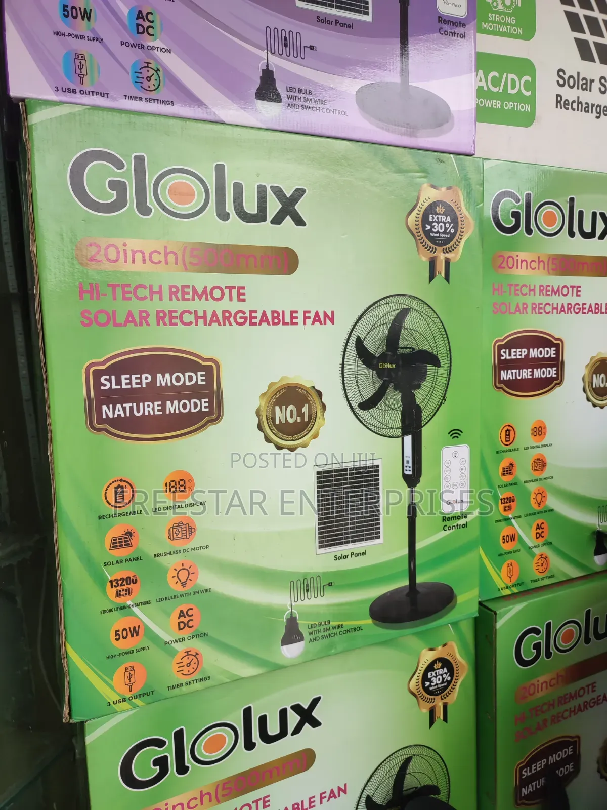 Glolux Solar Rechargeable Fan. 20 Inches Solar Standing Fan.