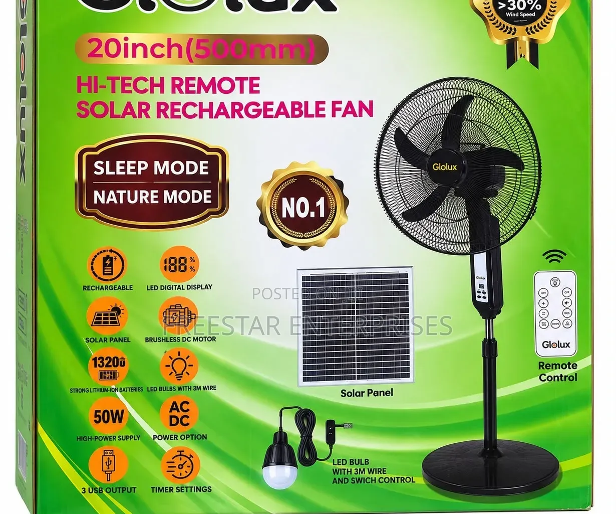 Glolux Solar Rechargeable Fan. 20 Inches Solar Standing Fan.