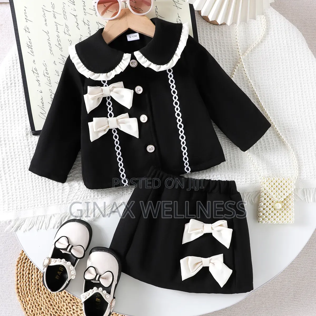 Baby Girls 2-Piece Black & White Bow Jacket and Skirt Set (9-12m)