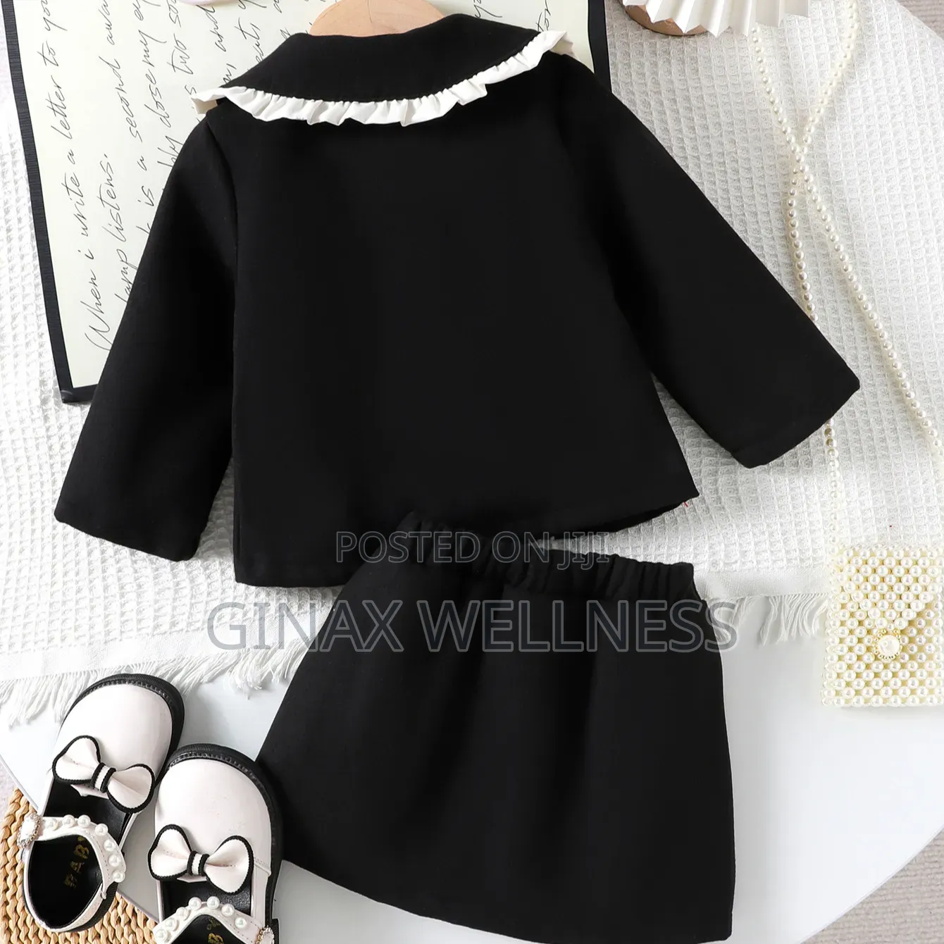 Baby Girls 2-Piece Black & White Bow Jacket and Skirt Set (9-12m)