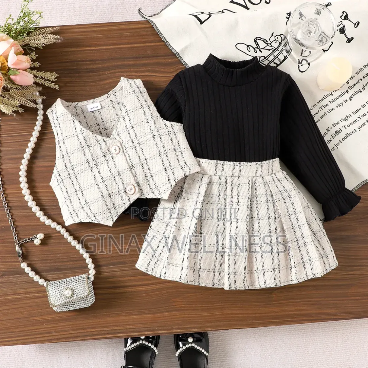 3-Piece Baby Girls Long Sleeve Top, Vest and Pleated Skirt Set (9-12m)