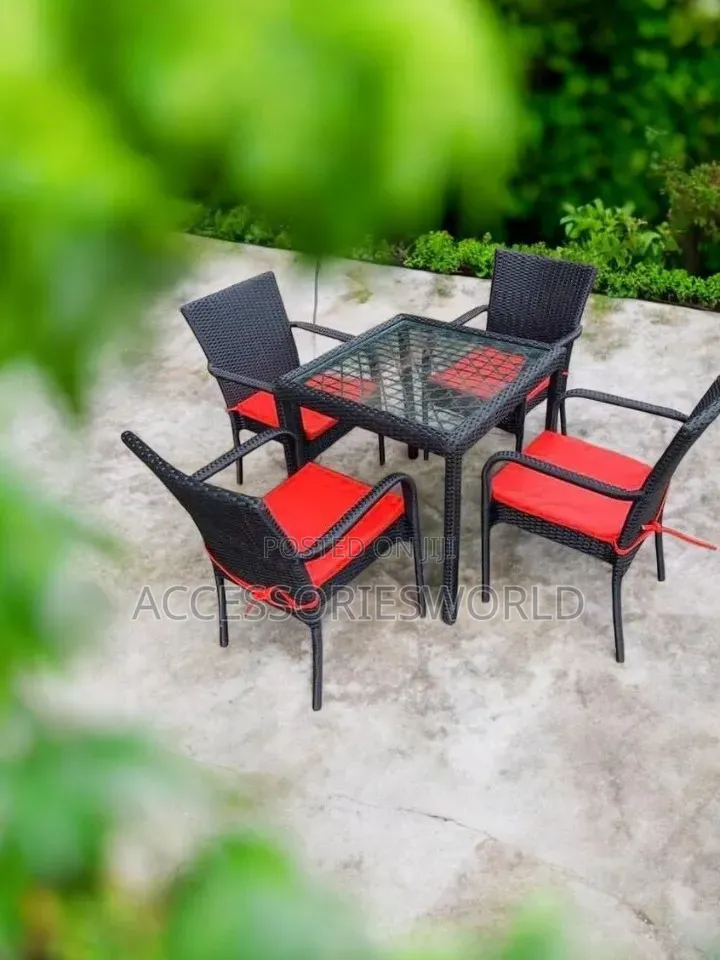 Premium 4-Seater Rattan Outdoor Dining Table Set With Red Cushions