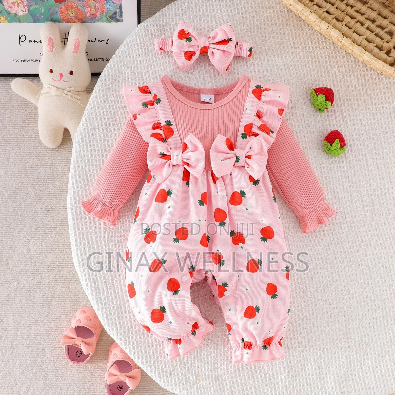 Baby Girls Long-Sleeve Romper Jumpsuit With Bow Headband (0–9 Months)