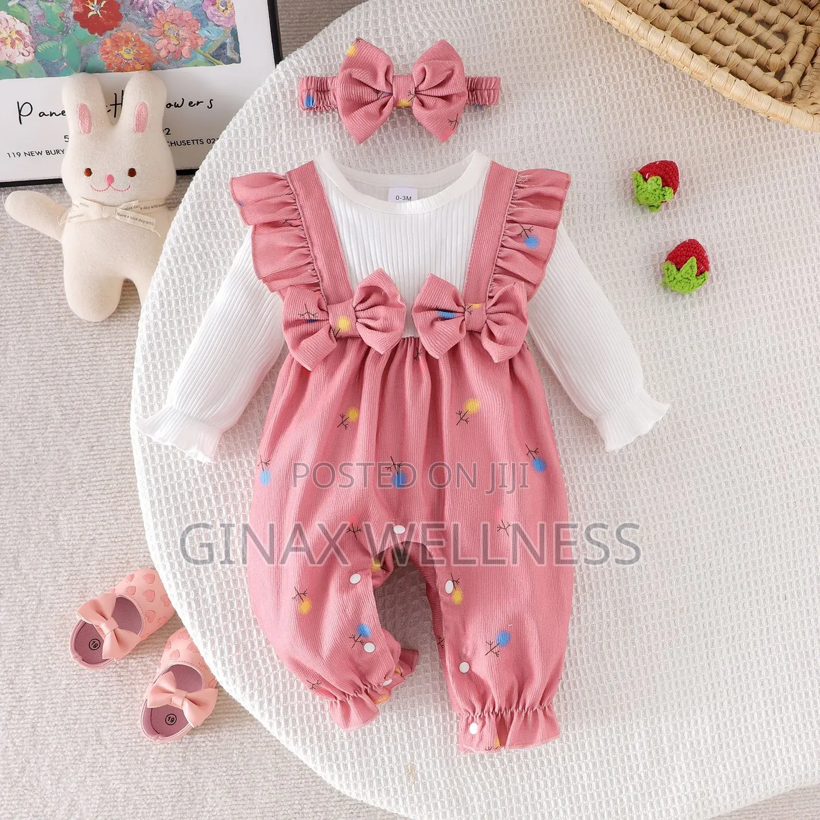 Baby Girls Long-Sleeve Romper Jumpsuit With Bow Headband (0–9 Months)