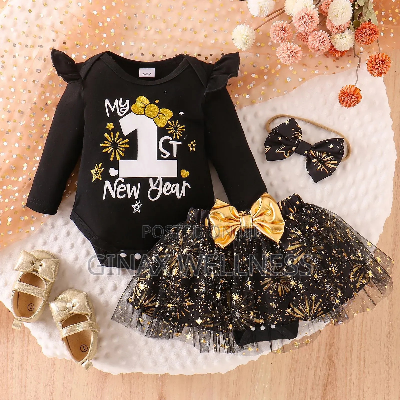 Baby Girls' My 1st New Year Outfit With Bodysuit, Skirt and Headband