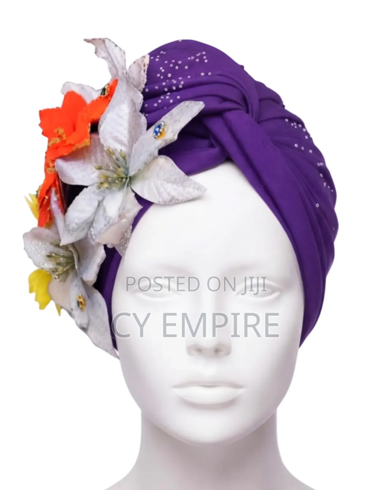 Purple Bejeweled Turban With Floral Accent