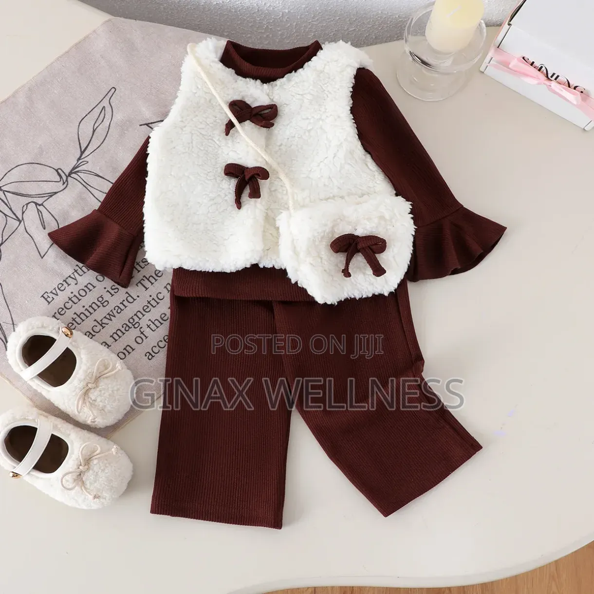 4-Piece Baby Girls Brown Top, Trousers, Fluffy Vest & Bag Set (6-12m)