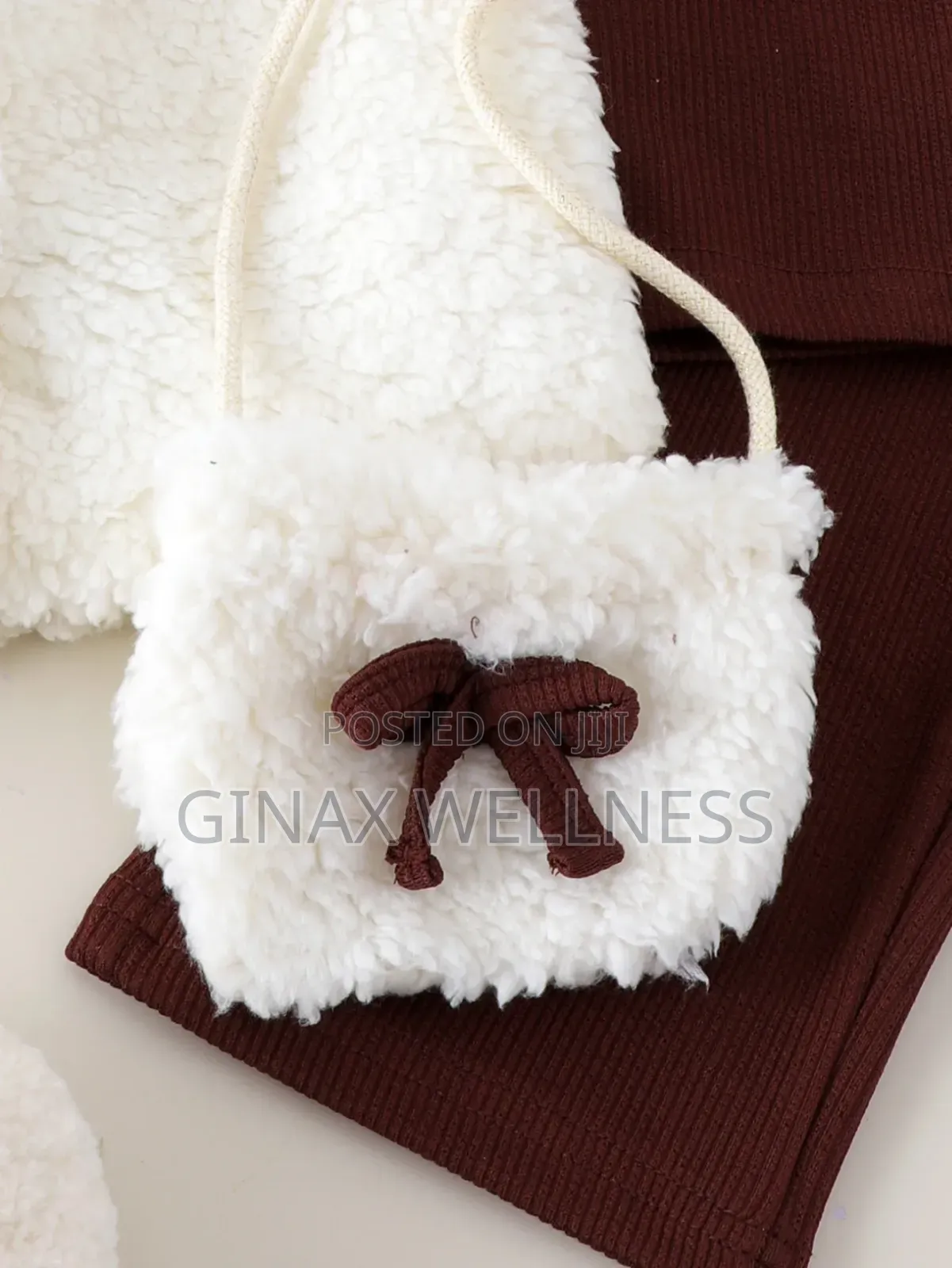 4-Piece Baby Girls Brown Top, Trousers, Fluffy Vest & Bag Set (6-12m)